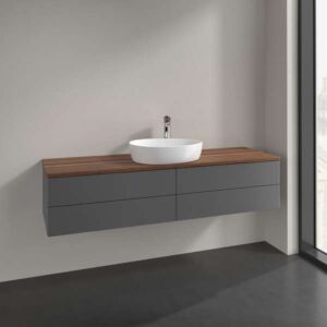 Meuble vasque Villeroy &amp; Boch Antao L25052GK avec éclairage, 4 tiroirs, 1600 x 360 x 500 mm, façade lisse, laque anthracite mate / noyer chaud