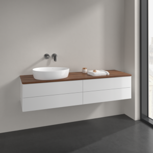 Villeroy et Boch Antao meuble sous-vasque L26012GF 160x36x50cm, plaque de lavabo couleur noyer chaud, laqué blanc brillant, avec éclairage