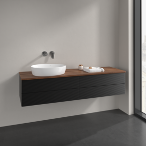 Villeroy et Boch Antao meuble sous-vasque L26112PD 160x36x50cm, plaque de lavabo couleur noyer chaud, laqué noir mat, avec éclairage