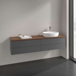 Villeroy und Boch Antao Waschtisch-Unterschrank L27152GK mit Beleuchtung, 4 Auszüge, 1600 x 360 x 500 mm, Front mit Struktur, Anthracite Matt Lacquer / Warm Walnut