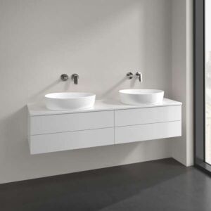 Meuble vasque Villeroy &amp; Boch Antao L28050GF avec éclairage, 4 tiroirs, 1600 x 360 x 500 mm, façade lisse, laque blanche brillante / laque blanche brillante
