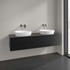 Meuble vasque Villeroy &amp; Boch Antao L28050PD avec éclairage, 4 tiroirs, 1600 x 360 x 500 mm, façade lisse, laque noire mate / laque noire mate