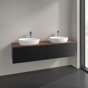 Villeroy &amp; Boch Antao vanity unit L28012PD with lighting, 4 drawers, 1600 x 360 x 500 mm, smooth front, Black Matt Lacquer / Warm Walnut
