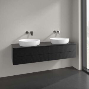 Meuble vasque Villeroy &amp; Boch Antao L28150PD avec éclairage, 4 tiroirs, 1600 x 360 x 500 mm, façade texturée, laque noire mate / laque noire mate