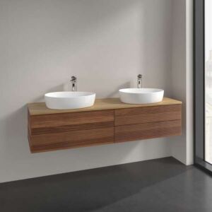 Villeroy &amp; Boch Antao vanity unit L28151HM with lighting, 4 drawers, 1600 x 360 x 500 mm, textured front, Warm Walnut / Honey Oak
