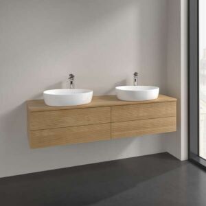 Meuble vasque Villeroy &amp; Boch Antao L28151HN avec éclairage, 4 tiroirs, 1600 x 360 x 500 mm, façade texturée, Chêne Miel / Chêne Miel
