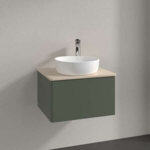 Villeroy &amp; Boch Antao vanity unit L29013HL with lighting, 1 drawer, 600 x 360 x 500 mm, smooth front, Leaf Green Matt Lacquer / Botticino