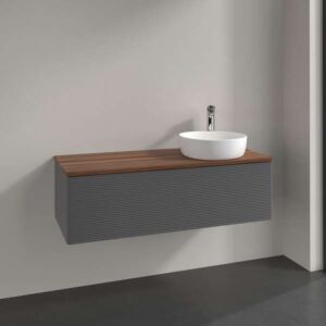 Meuble vasque Villeroy &amp; Boch L34112GK avec éclairage, 1 tiroir, 1200 x 360 x 500 mm, façade texturée, laque anthracite mate / noyer chaud