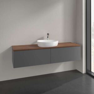 Meuble vasque Villeroy &amp; Boch Antao L36052GK avec éclairage, 2 tiroirs, 1600 x 360 x 500 mm, façade lisse, laque anthracite mate / noyer chaud