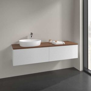 Meuble sous-vasque Villeroy et Boch Antao L37112GF avec éclairage, 2 tiroirs, 1600 x 360 x 500 mm, façade avec structure, laqué blanc brillant / noyer chaud