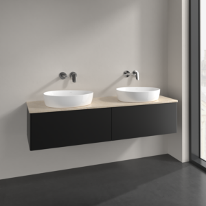 Villeroy et Boch Antao meuble sous-vasque L39013PD 160x36x50cm, plan vasque couleur botticino, laqué noir mat, avec éclairage