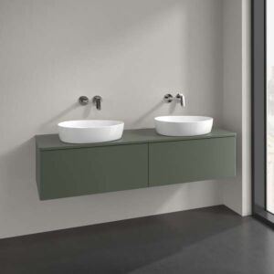 Meuble-lavabo Villeroy &amp; Boch Antao L39050HL avec éclairage, 2 tiroirs, 1600 x 360 x 500 mm, façade lisse, laque mate Vert Feuille / Laque mate Vert Feuille