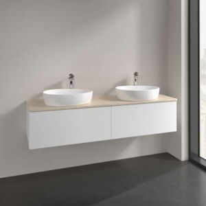 Meuble vasque Villeroy &amp; Boch Antao L39053MT avec éclairage, 2 tiroirs, 1600 x 360 x 500 mm, façade lisse, laque blanche mate / Botticino