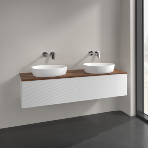 Villeroy and Boch Antao vanity unit L39112GF 160x36x50cm, washbasin top colour warm walnut, glossy white lacquer, with lighting