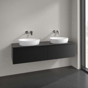 Meuble vasque Villeroy &amp; Boch Antao L39150PD avec éclairage, 2 tiroirs, 1600 x 360 x 500 mm, façade texturée, laque noire mate / laque noire mate