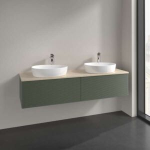 Villeroy und Boch Antao Waschtisch-Unterschrank L39153HL mit Beleuchtung, 2 Auszüge, 1600 x 360 x 500 mm, Front mit Struktur, Leaf Green Matt Lacquer / Botticino