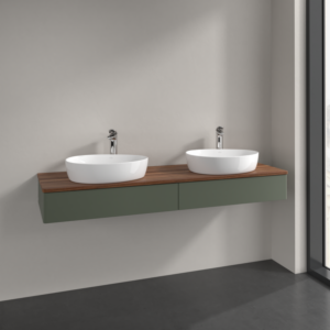 Villeroy et Boch Antao meuble sous-vasque K17052HL 160x19x50cm, trou pour robinetterie, plaque de lavabo couleur noyer chaud, laque mate vert feuille