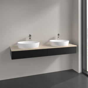 Villeroy et Boch Antao meuble sous-vasque K17053PD 160x19x50cm, trou pour robinetterie, plaque de lavabo couleur botticino, laqué noir mat