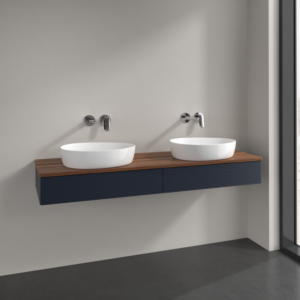 Villeroy et Boch Antao meuble sous-vasque K17112HG 160x19x50cm, plaque de lavabo couleur noyer chaud, laque mate bleu nuit