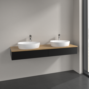 Villeroy et Boch Antao meuble sous-vasque K17151PD 160x19x50cm, trou pour robinetterie, plan de vasque couleur chêne miel, laqué noir mat