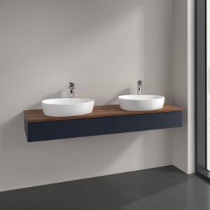 Villeroy et Boch Antao meuble sous-vasque K17152HG 160x19x50cm, trou pour robinetterie, plaque de lavabo couleur noyer chaud, laqué mat bleu nuit