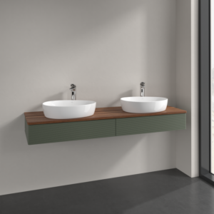 Villeroy et Boch Antao meuble sous-vasque K17152HL 160x19x50cm, trou pour robinetterie, plaque de lavabo couleur noyer chaud, laque mat vert feuille