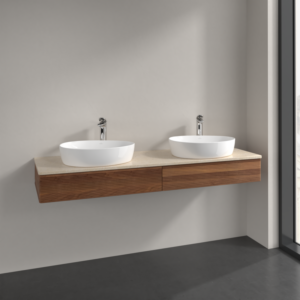 Villeroy et Boch Antao meuble sous-vasque K17153HM 160x19x50cm, trou pour robinetterie, plan de lavabo couleur botticino, noyer chaud