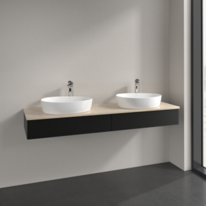 Villeroy et Boch Antao meuble sous-vasque K17153PD 160x19x50cm, trou pour robinetterie, plan de lavabo couleur botticino, laqué noir mat