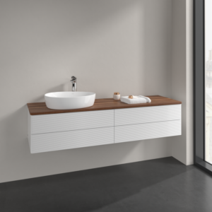 Villeroy et Boch Antao meuble sous-vasque K26152GF 160x36x50cm, trou pour robinetterie, plaque de lavabo couleur noyer chaud, laqué blanc brillant