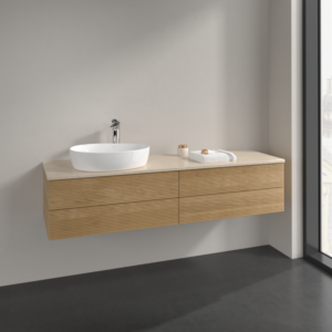 Villeroy et Boch Antao meuble sous-vasque K26153HN 160x36x50cm, trou pour robinetterie, plan de vasque couleur botticino, chêne miel