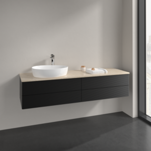 Villeroy et Boch Antao meuble sous-vasque K26153PD 160x36x50cm, trou pour robinetterie, plaque de lavabo couleur botticino, laqué noir mat