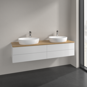 Meuble vasque Villeroy &amp; Boch Antao K28051GF à 4 tiroirs, 1600 x 360 x 500 mm, façade lisse, laque blanche brillante / chêne miel
