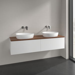 Villeroy et Boch Antao meuble sous-vasque K39012MT 160x36x50cm, plaque de lavabo couleur noyer chaud, laqué blanc mat