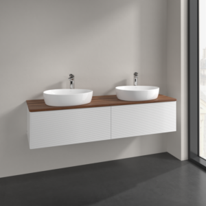 Villeroy et Boch Antao meuble sous-vasque K39152GF 160x36x50cm, trou pour robinetterie, plaque de lavabo couleur noyer chaud, laqué blanc brillant