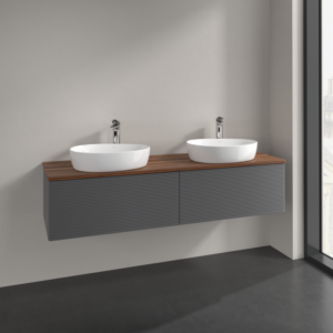 Villeroy et Boch Antao meuble sous-vasque K39152GK 160x36x50cm, trou pour robinetterie, plaque de lavabo couleur noyer chaud, laque mate anthracite