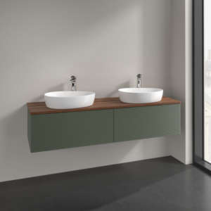 Villeroy und Boch Antao Waschtisch-Unterschrank K39152HL 160x36x50cm, Hahnlochbohrung, Waschbeckenplattenfarbe warm walnut, leaf green matt lacquer
