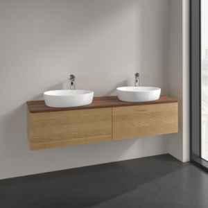 Villeroy et Boch Antao meuble sous-vasque K39152HN 160x36x50cm, trou pour robinetterie, plaque de lavabo couleur noyer chaud, chêne miel