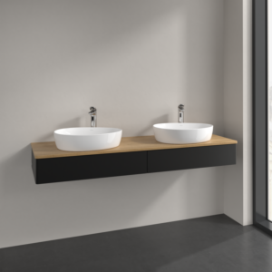 Villeroy et Boch Antao meuble sous-vasque L17051PD 160x19x50cm, trou pour robinetterie, plan de vasque couleur chêne miel, laqué noir mat, avec éclairage