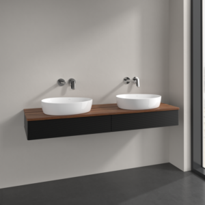 Villeroy et Boch Antao meuble sous-vasque L17112PD 160x19x50cm, plaque de lavabo couleur noyer chaud, laqué noir mat, avec éclairage
