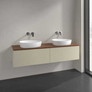 Villeroy et Boch Antao meuble sous-vasque L39012HJ 160x36x50cm, plan de vasque couleur noyer chaud, laque mate gris soie, avec éclairage