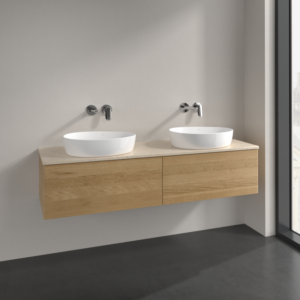 Villeroy et Boch Antao meuble sous-vasque L39013HN 160x36x50cm, plan vasque couleur botticino, chêne miel, avec éclairage