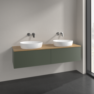 Villeroy et Boch Antao meuble sous-vasque L39111HL 160x36x50cm, plan de vasque couleur chêne miel, laqué mat vert feuille, avec éclairage