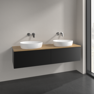Villeroy and Boch Antao vanity unit L39111PD 160x36x50cm, washbasin top colour honey oak, black matt lacquer, with lighting