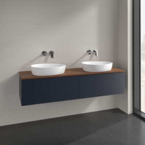 Villeroy et Boch Antao meuble sous-vasque L39112HG 160x36x50cm, plaque de lavabo couleur noyer chaud, laqué mat bleu nuit, avec éclairage