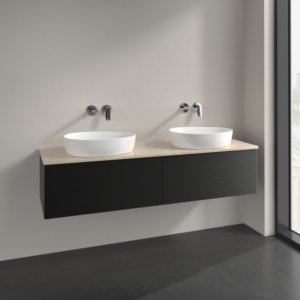 Villeroy et Boch Antao meuble sous-vasque L39113PD 160x36x50cm, plan vasque couleur botticino, laqué noir mat, avec éclairage