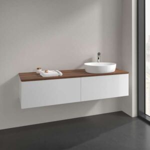 Villeroy &amp; Boch Antao vanity unit L38012GF with lighting, 2 drawers, 1600 x 360 x 500 mm, smooth front, Glossy White Lacquer / Warm Walnut