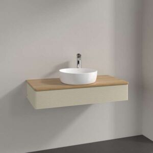 Villeroy &amp; Boch Antao vanity unit L09111HJ with lighting, 1 drawer, 1000 x 190 x 500 mm, textured front, Silk Grey Matt Lacquer / Honey Oak
