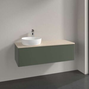 Villeroy &amp; Boch Antao vanity unit L33013HL with lighting, 1 drawer, 1200 x 360 x 500 mm, smooth front, Leaf Green Matt Lacquer / Botticino