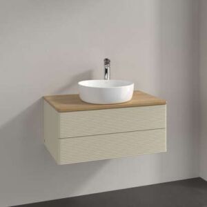 Villeroy und Boch Antao Waschtisch-Unterschrank L19111HJ mit Beleuchtung, 2 Auszüge, 800 x 360 x 500 mm, Front mit Struktur, Silk Grey Matt Lacquer / Honey Oak