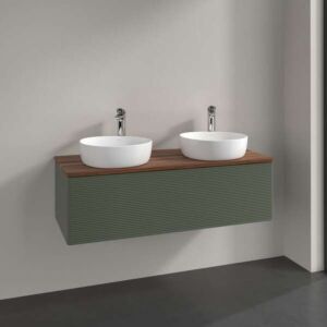 Meuble vasque Villeroy &amp; Boch Antao K35112HL 120 x 36 x 50 cm, plan vasque couleur noyer chaud, laque mate vert feuille